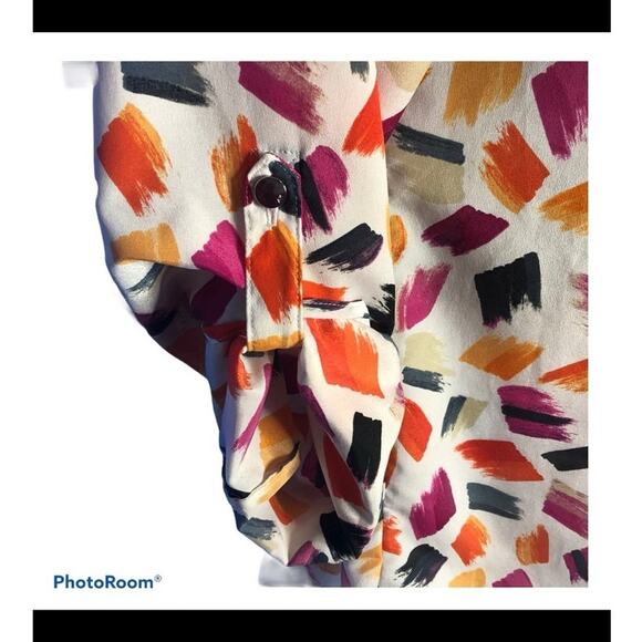 Anne Klein Novelty Print Mandarin Neck Blouse Medium Silver Buttons - Picture 8 of 14